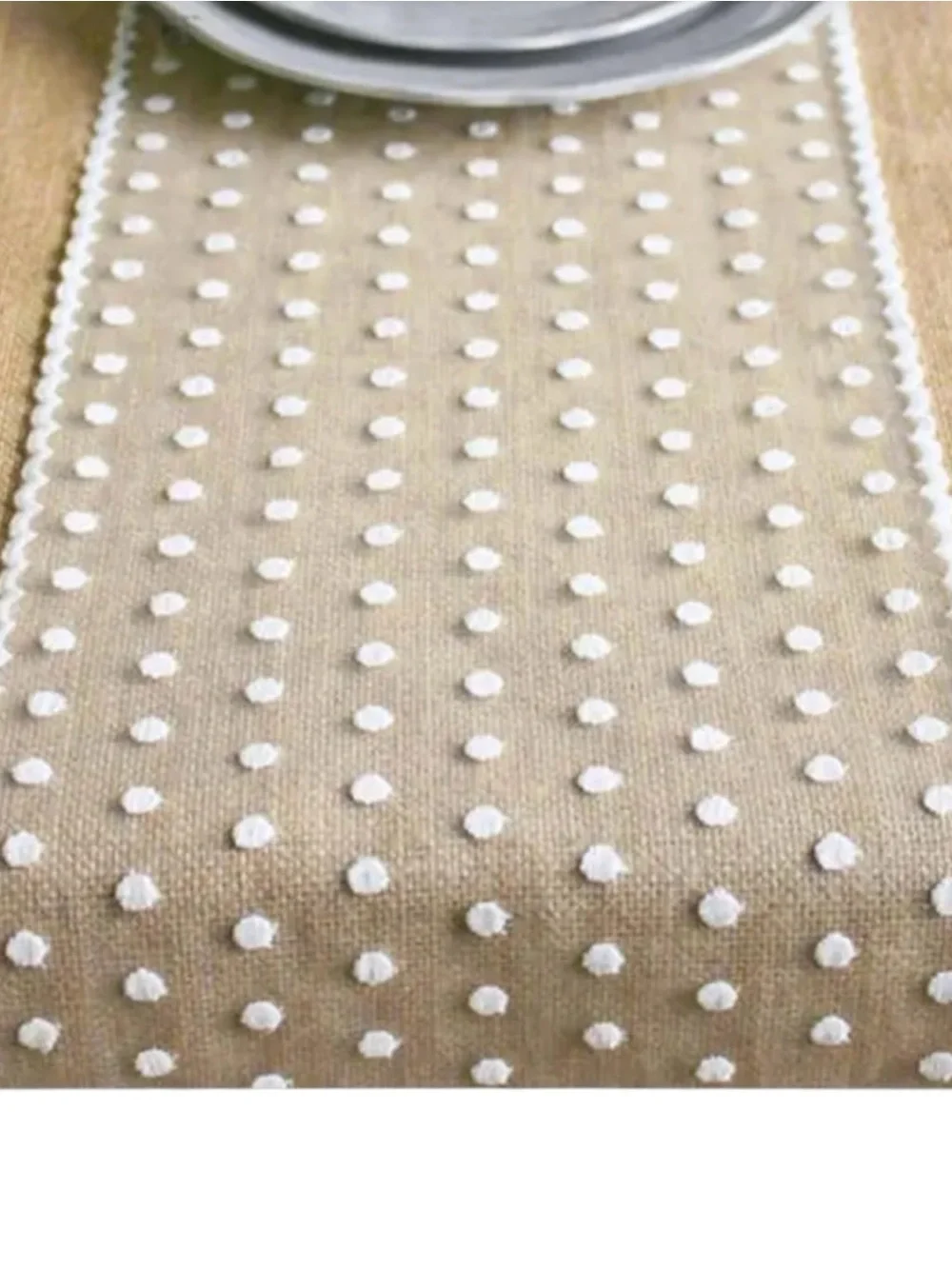 Long Burlap Table Runner White Lace Polka Dots 144” Farmhouse Entertaining